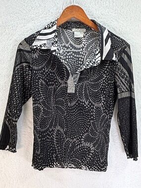 Alberto Makali Sheer Mesh Abstract Print Collared Top Size Large shirt